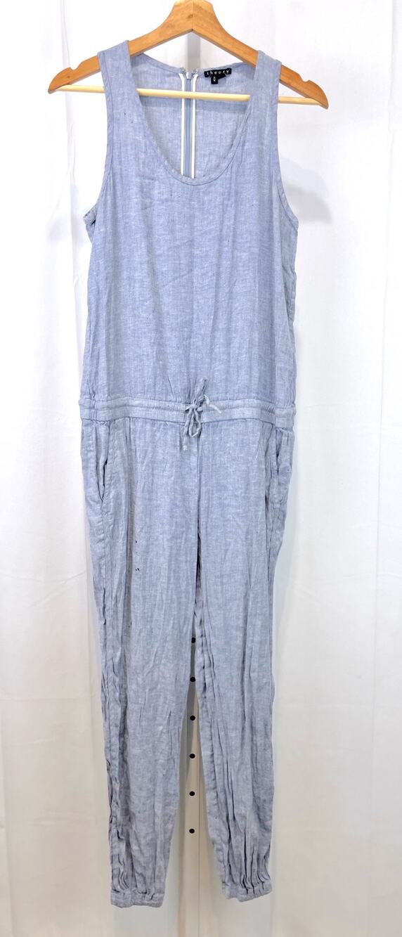 THEORY Lortan W Sleeveless Linen Blend Jogger Jumpsuit V Neck Back Zip Blue M